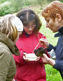 Andrea Blumenrath-Bolten untersucht mit Sarah und Romina einen Stein nach 
daran haftenden Wassertieren