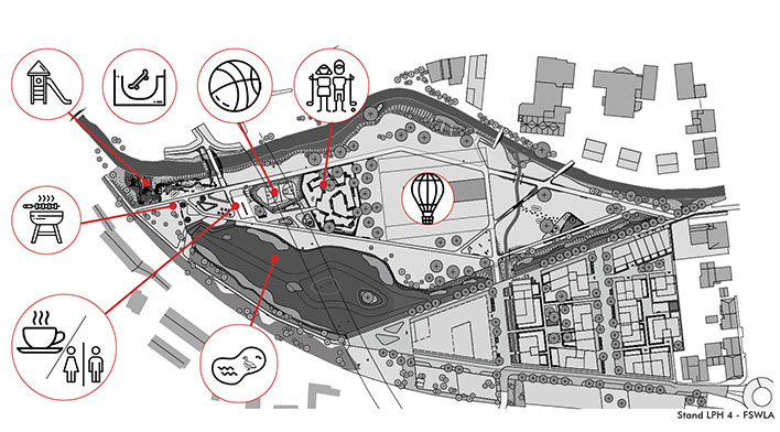 Die Übersicht zeigt, wo welche Anziehungspunkte des neuen Wiehlparks liegen werden. Grafik: Molestina Architekten