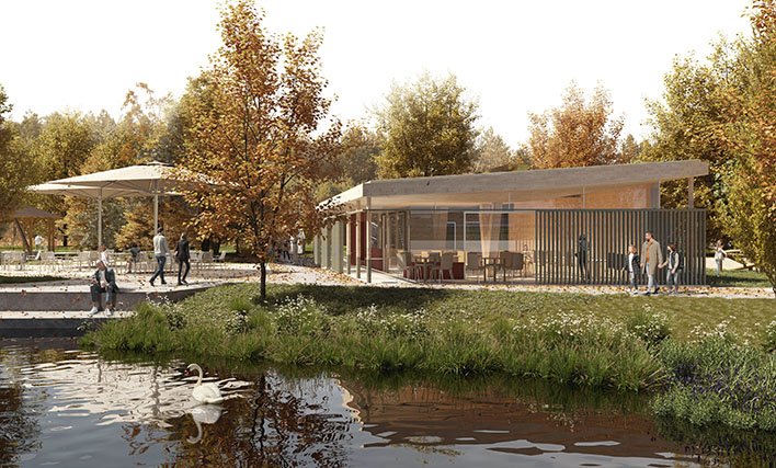 Zentrale Anlaufstelle im neuen Wiehlpark: das Seecafé. Visualisierung: Molestina Architekten
